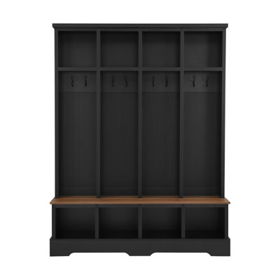 Farmhouse Wide Hall Tree With Bench, 8 Hooks And Storage Compartments For Entryway