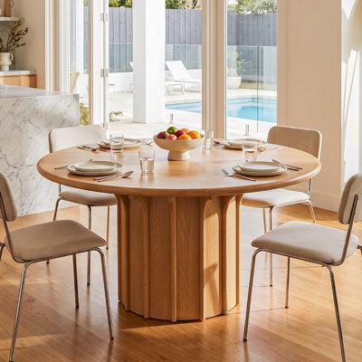Corin 60" Round Oak Dining Table with Fluted Pedestal Base, Modern Kitchen Table – Natural