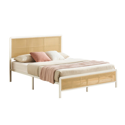 Modern Rattan Platform Bed Frame with LED Lighted Headboard, Heavy-Duty Metal Slat Support, No Box Spring Required, Simple Assembly Bedroom Furniture for All Bedroom Styles