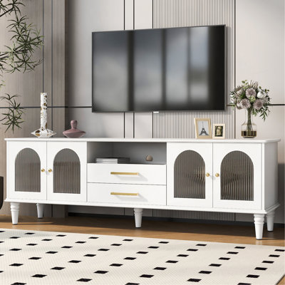 Charme rétro: meuble télé rétro pour téléviseur de 75 pouces! Meuble audio-vidéo cannelé avec 5 pieds en bois massif, parfait pour votre salon