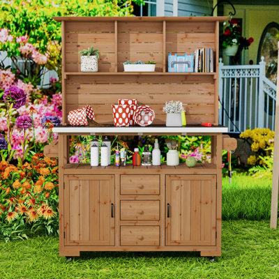 Banc de rempotage polyvalent avec plateau en acier inoxydable, tablettes réglables et roues verrouillables