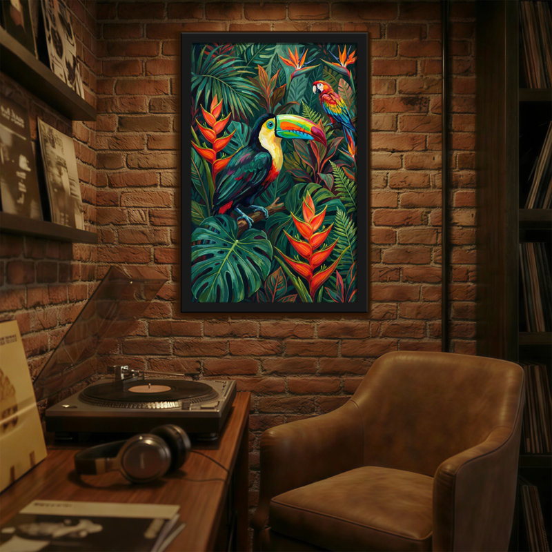 Animaux, oiseaux tropicaux et motif de feuillage luxuriant, H 36 po x l 24 po
