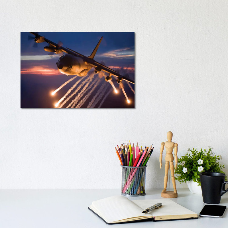C-130 Hercules Releases Flares during a Mission over Kansas 1 Piece Wrapped Canvas Wall Art, 20.32 cm H x 30.48 cm W
