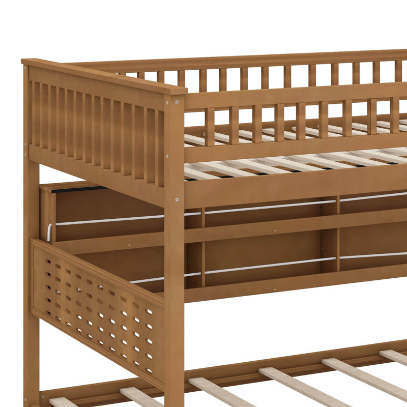 Lit superposé double au-dessus de double avec tablettes intégrées, lumières à changement de couleur et panneau perforé, Brun