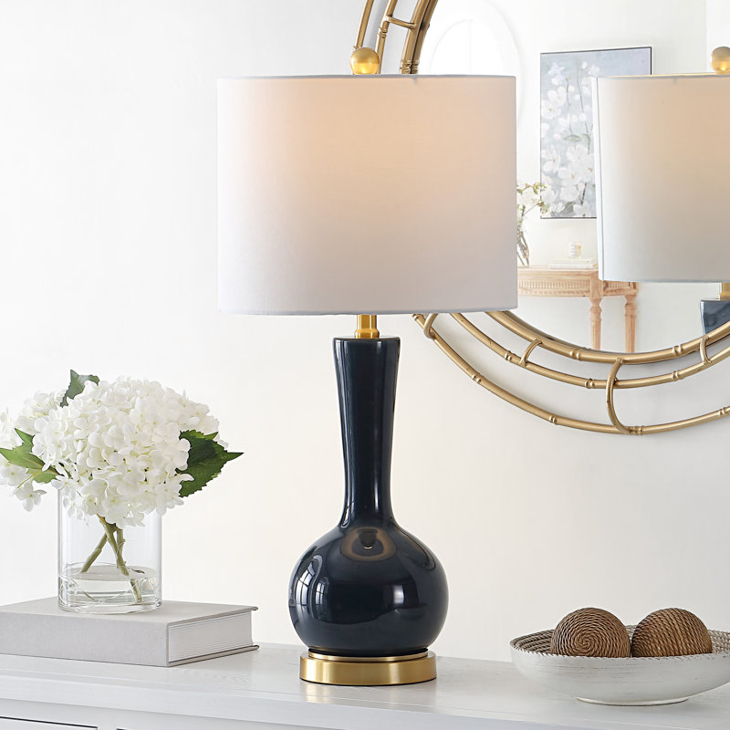 Gaetna Navy Glass Table Lamp with White Drum Shade