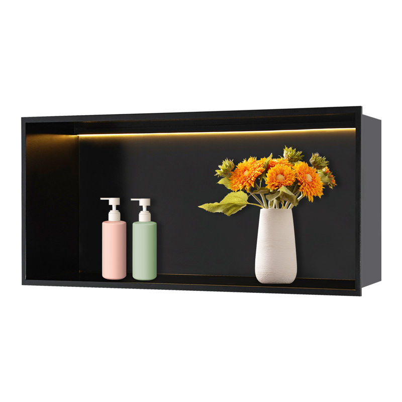 Rectangle Stainless Steel Recessed Shower Shelf With LED Light, Satin Black