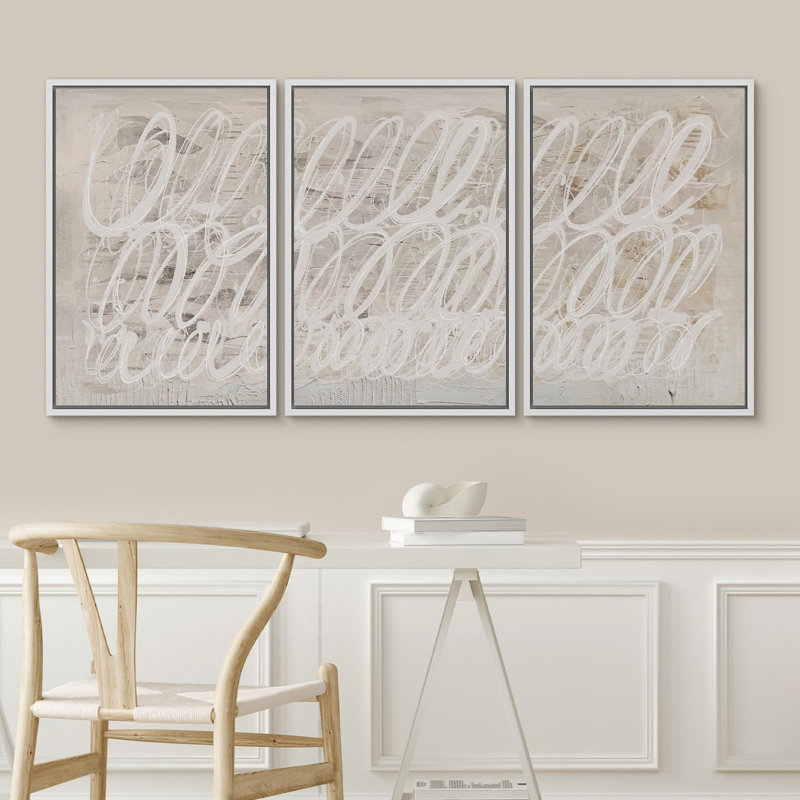 " Abstract Elegance Modern Chic Scribble Illustration Modern Ultra " 3 - Pieces on Canvas, Blanc