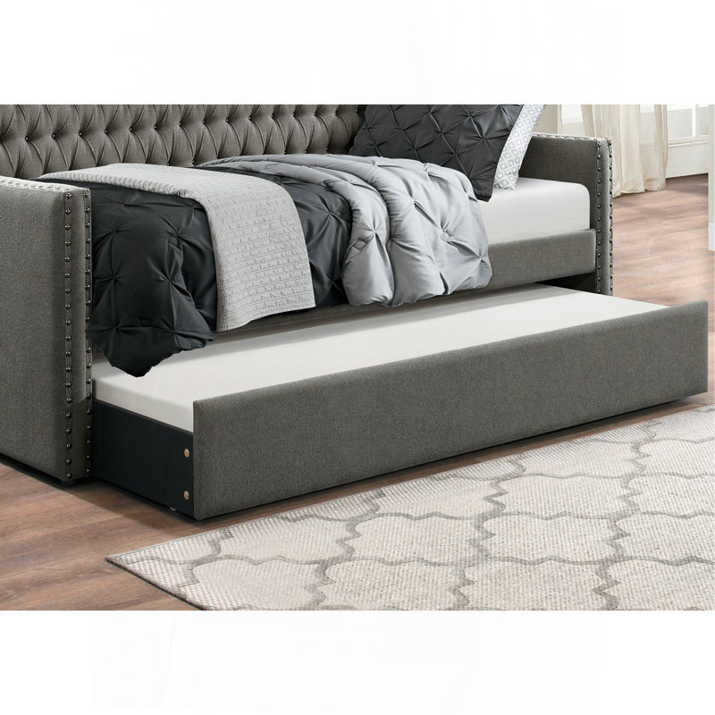 Modern Design Dark Gray Fabric Upholstered 1Pc Sofa Bed W Trundle Button-Tufted Detail Nailhead Trim Day Bed, Dark Gray