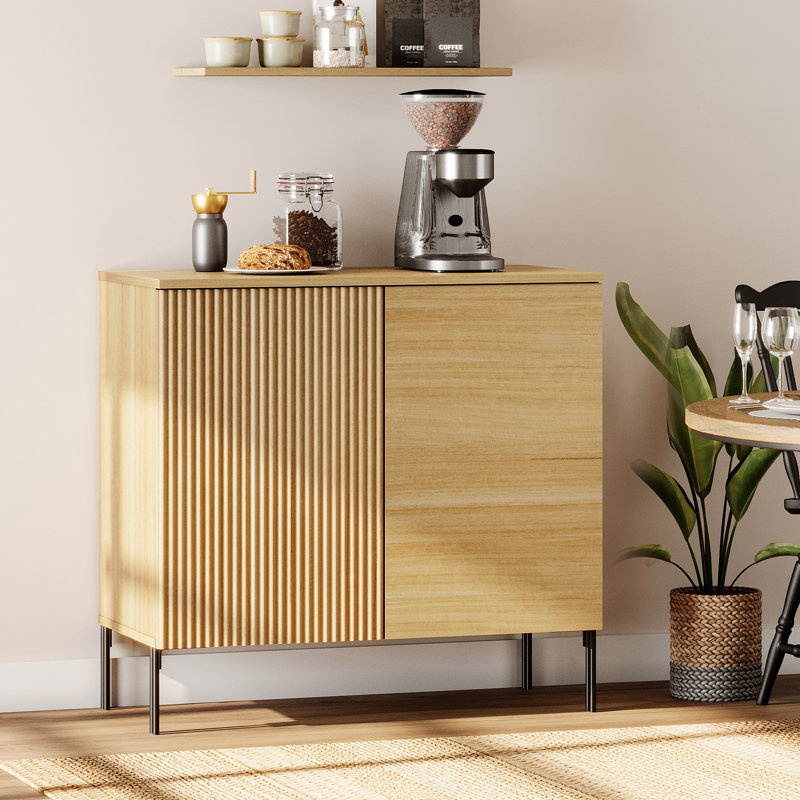 Union Rustic 31.5" Reeded Sideboard With 2 Doors, Modern Credenza Storage Cabinet For Kitchen, Dining Room, Oak