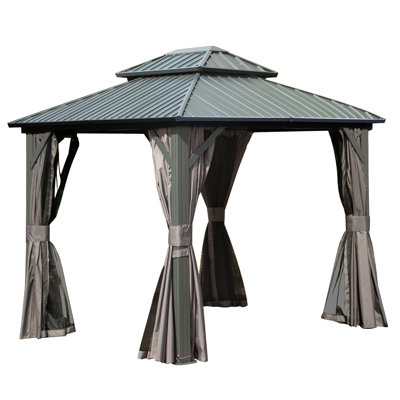 Pavillon de jardin permanent en métal 8 pi x 10 pi avec toit double en acier galvanisé, rideaux et filet pour la fête, le mariage, les repas en plein air, le patio, la cour arrière
