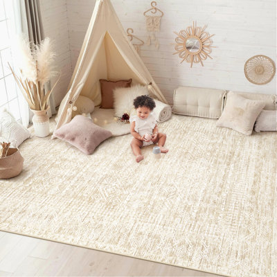 Beige Moroccan Geometric Boho Washable Area Rug 6' x 9' - Non Slip Stain Resistant Low Pile