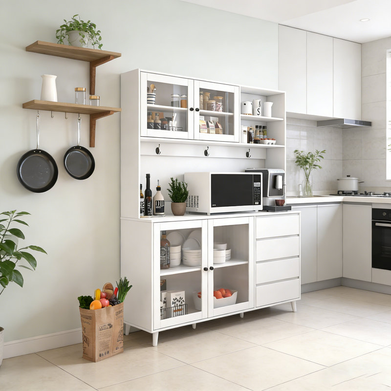 Armoire de cuisine autoportante de 63 pouces de large avec 4 portes, 4 tiroirs et une tablette à micro-ondes pour un rangement et une organisation améliorés