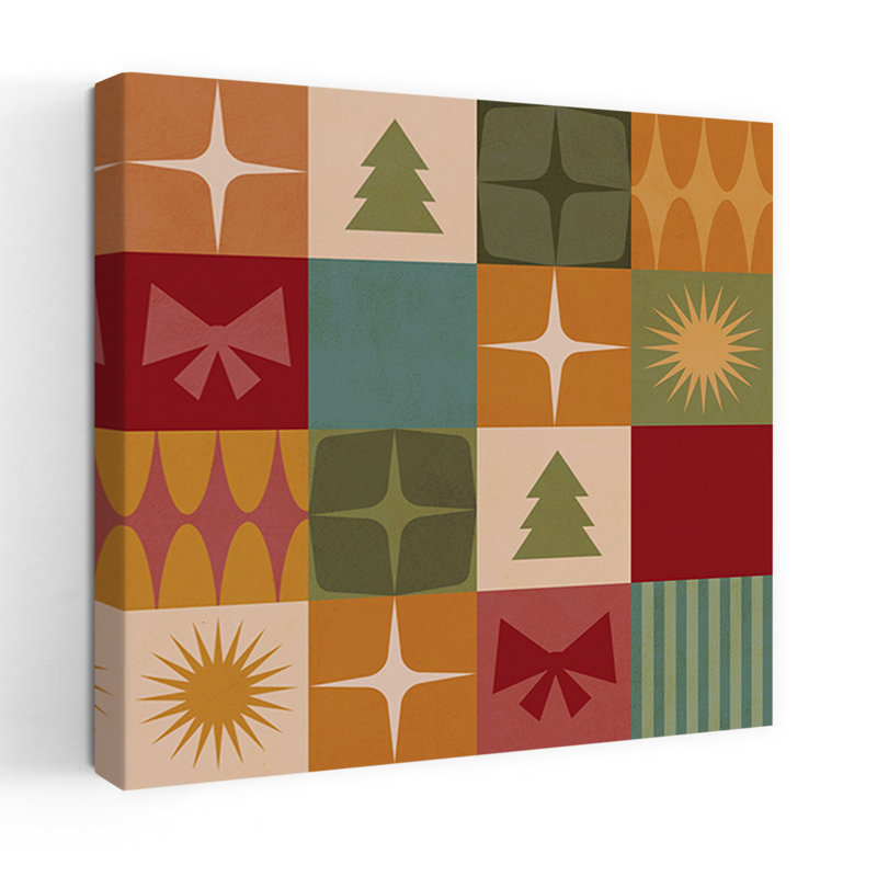 Impression d'art mural avec motif de Noël abstrait et coloré géométrique style années 50, sapin de Noël et paysage d'hiver