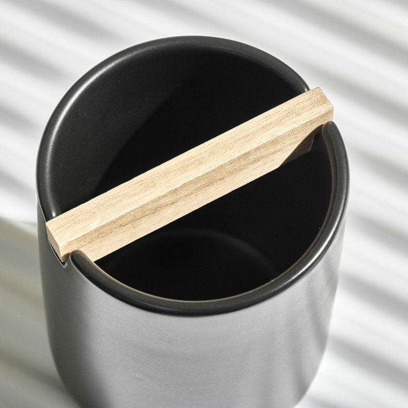 iDesign Eco Vanity Ceramic Toothbrush Holder with Paulownia Wood Divider, Matte Black