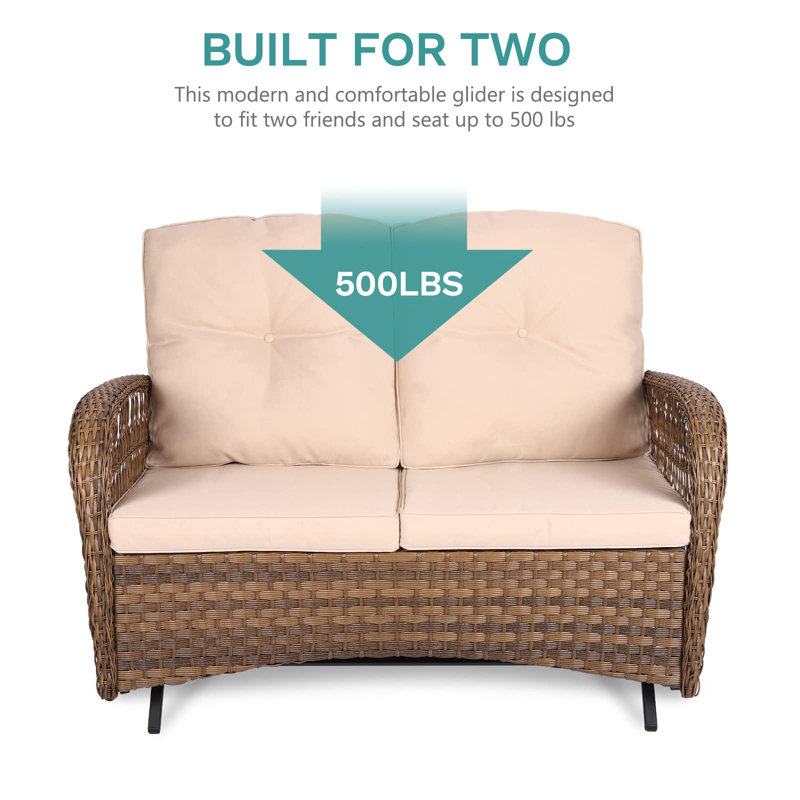Bay Isle Home™ 5 Pieces Outdoor Wicker Patio Conversation Sets With Glider Loveseat, 2 Chairs With 2 Glass-Top Coffee Table Wicker Rocking Glider Set, Wicker Conversation Set With Thickened Cushions, Beige