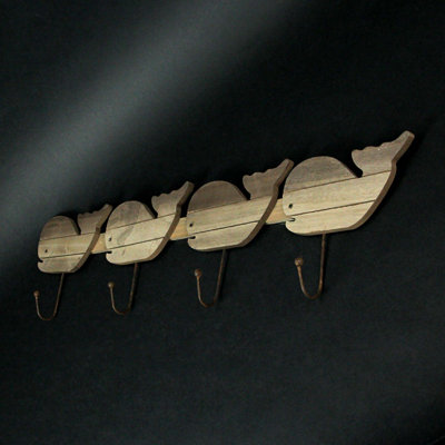Porte-manteau de baleine en bois patiné par les intempéries, avec 4 crochets muraux en métal pour entrée, 71 cm de large