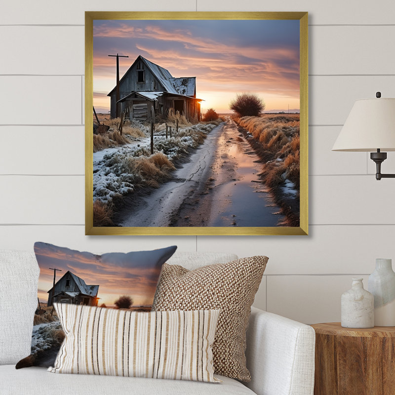 Barns Winter Scenery sur toile, H 30 po x l 30 po x P 1 po, Encadrement doré