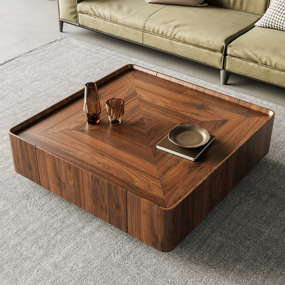 Frutoso Mid Century Modern Block Coffee Table Suqare Walnut Wood Grain Pattern Living Room Table 