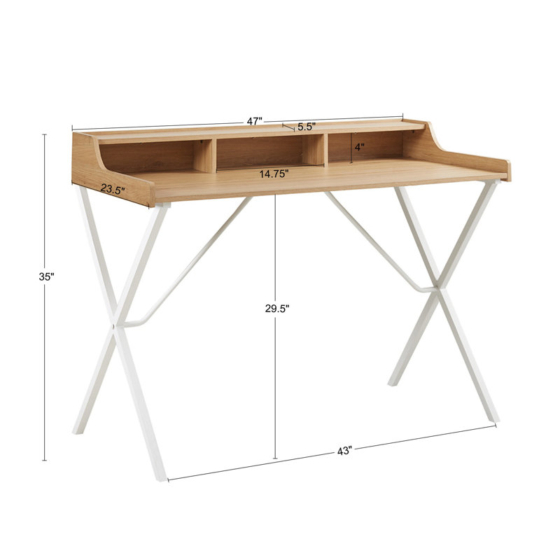 Blonde Wood and White Metal Writing Desk with Storage