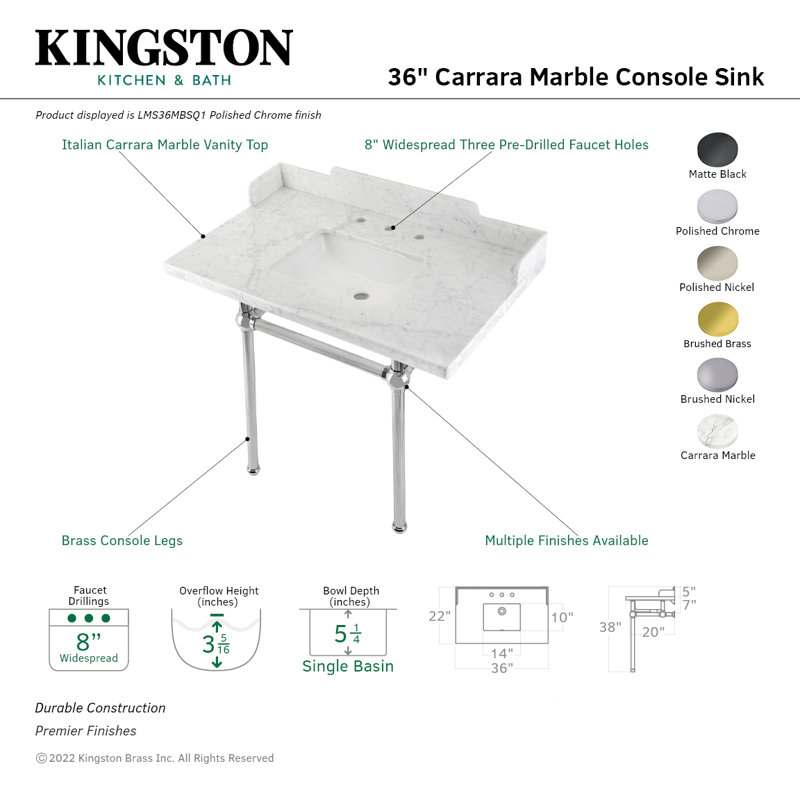 Kingston Brass Pemberton 36-Inch Carrara Marble Console Sink with Brass Legs (8-Inch, 3-Hole), Marble White/Polished Chrome