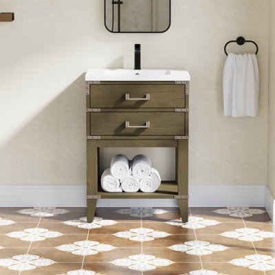 24''W Solid Wood Frame Bathroom Vanity With Resin White Countertop And Sink,Bottom Shelf