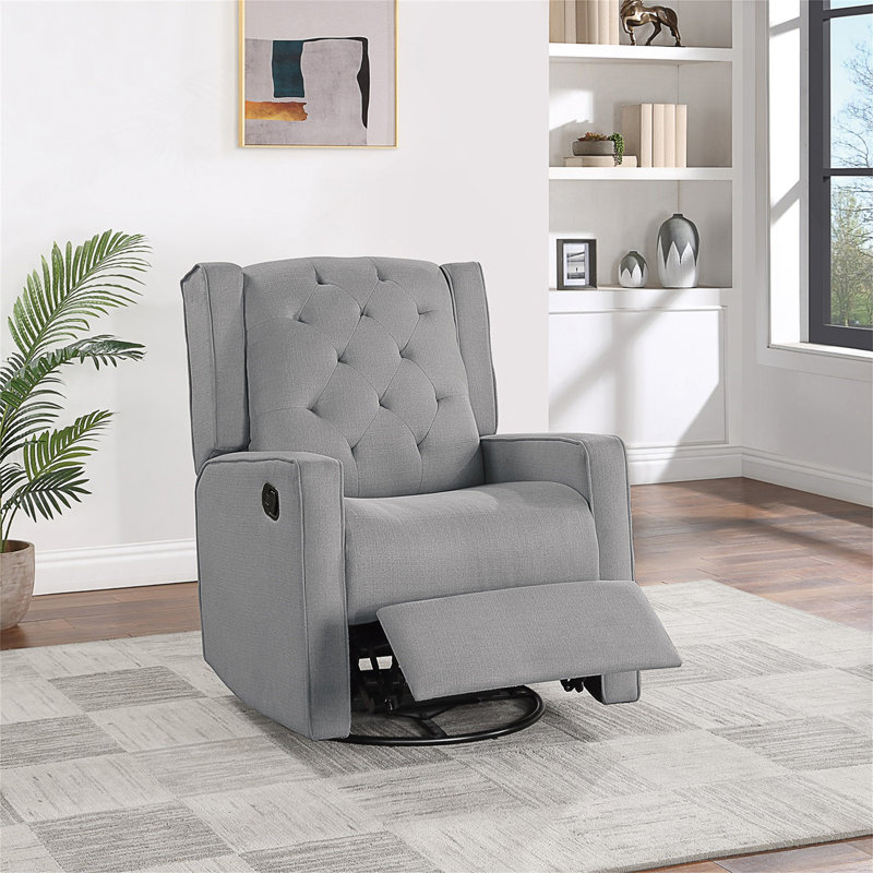 Contemporary Swivel Recliner Chair With Manual Motion, Wing Back, Tufted Cushion For Living Room Comfort And Style, Dark Gray