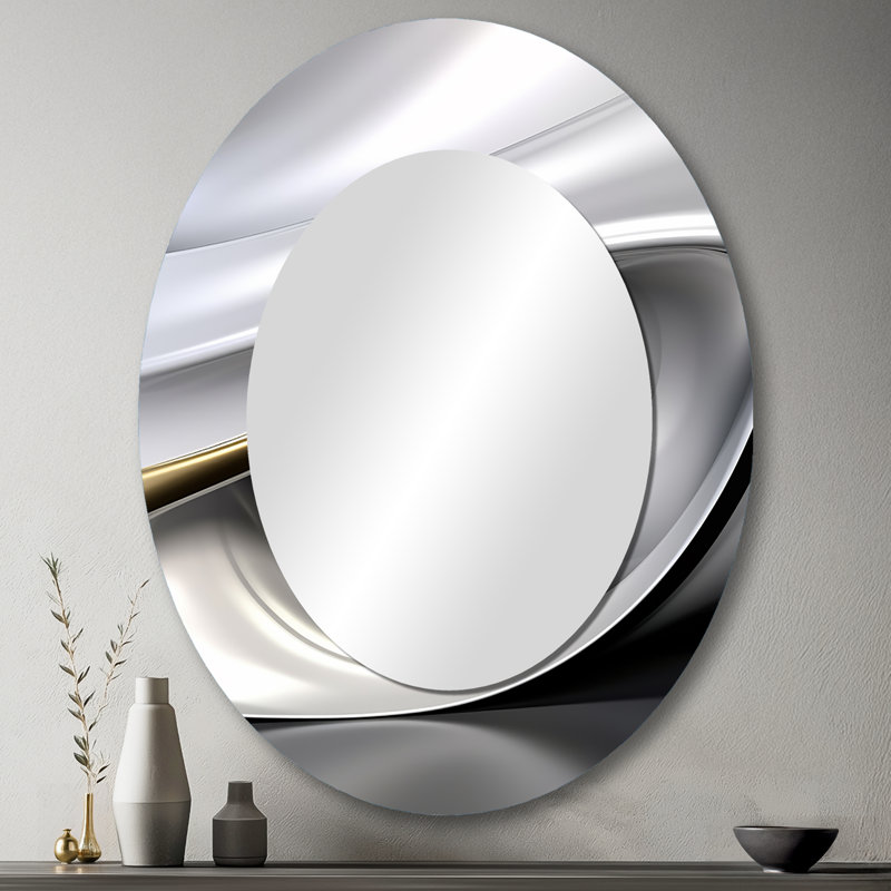 Gold White Infinite Ripples - Large Oval Wall Mirror On Metal, 43" x 33"