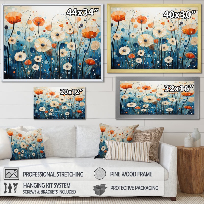 «Blue Dandelion Floral Symphony IV», reproduction sur toile, Cadre flottant noir, H 34 po x l 44 po x P 1,5 po