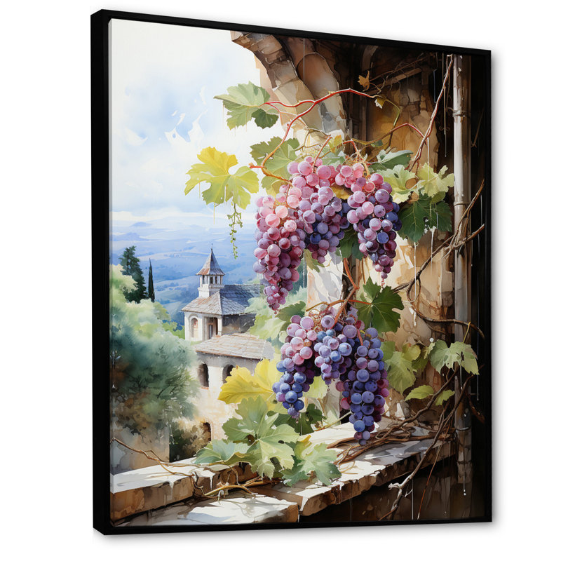 «Purple Green Grapes Vineyard», reproduction d'art sur toile, H 32 po x l 16 po x P 1 po, Cadre flottant noir