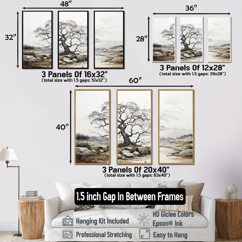 Chêne dans une palette monochromatique I - ensemble d'art sur toile chêne, Cadre flottant doré, H 28 po x l 36 po x P 1 po