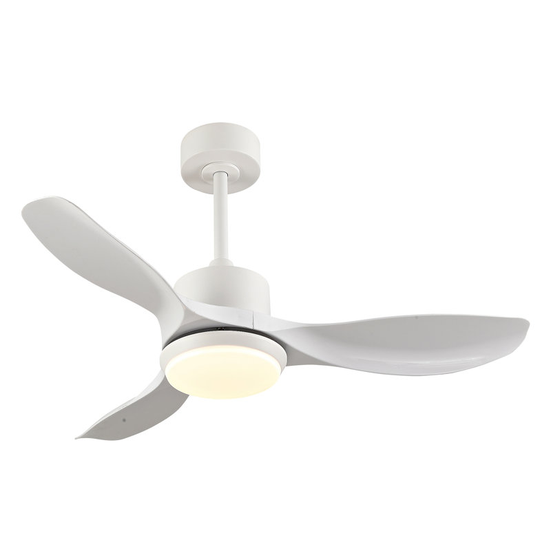 Ventilateur de plafond moderne avec lumière, comprenant 3 pales en plastique ABS, une télécommande, un moteur à courant continu réversible et un éclairage DEL à intensité variable.