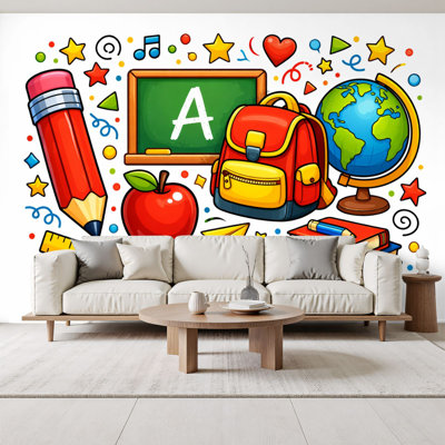 Kids Learning Peel and Stick Wallpaper for Classroom Colorful School Supplies Pencil Globe Wall Murals 69"H x 96"W Removable PVC Wall Paper Self-Adhesive Wall Decor for Bedroom Nursery