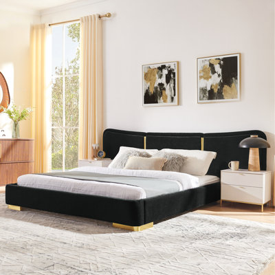 Queen Size Extra Large Platform Bed, Soft Chenille Fabric Frame, Curved Headboard, Reinforced Electroplated Metal Legs, Flexible DIY Side Space Design-Black