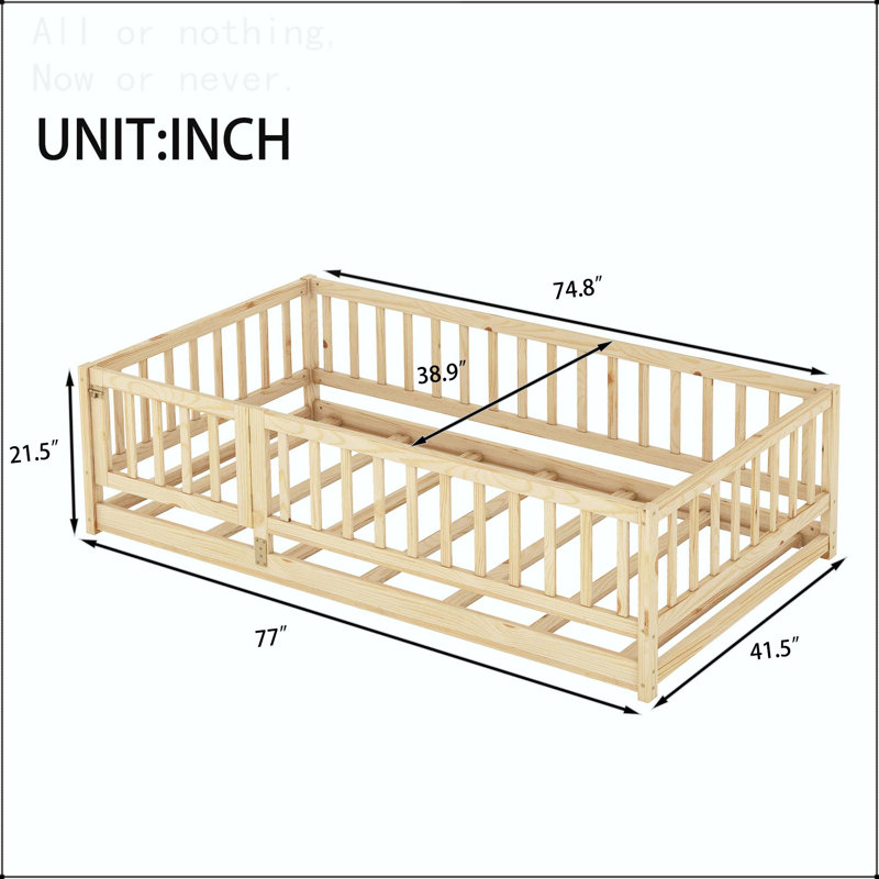 Lit simple au sol avec clôture, porte et lattes Montessori