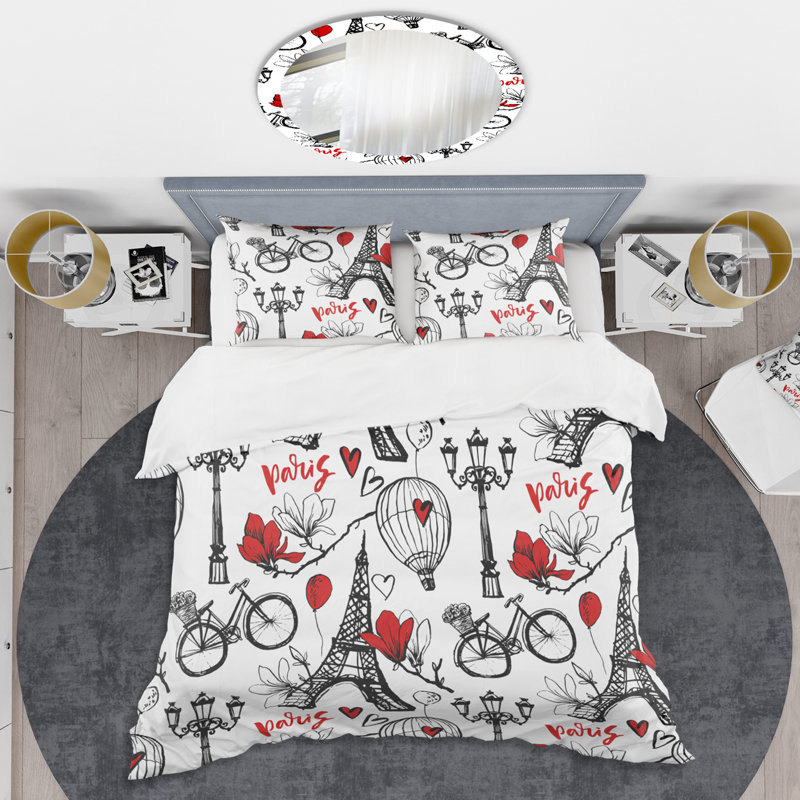 Paris Eiffel Red Hearts Twin Duvet Cover Set