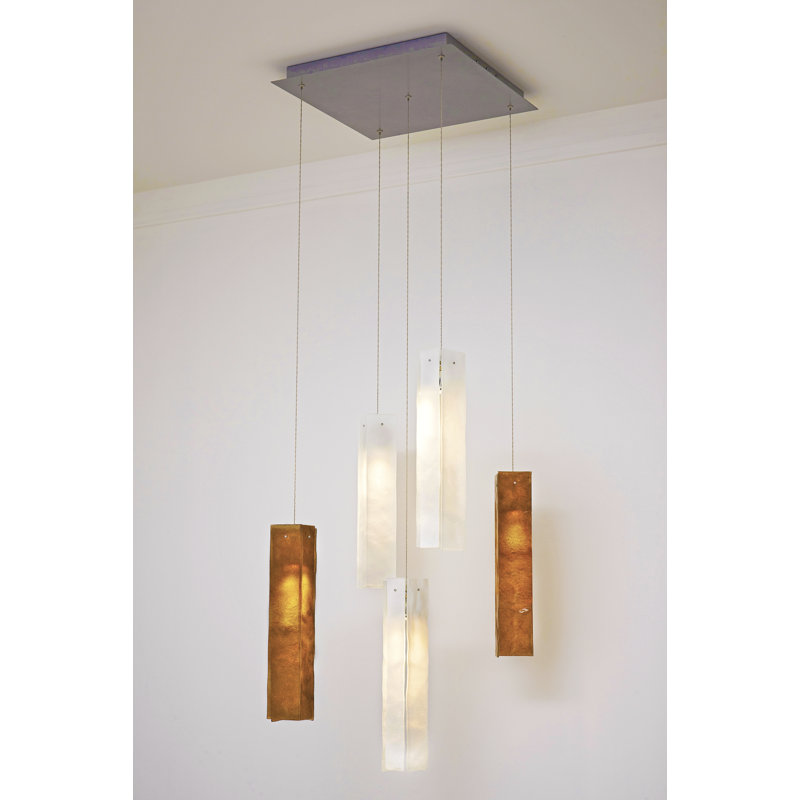 Luminaire suspendu rectangulaire en grappe 5 lumières, Blanc / Ambre