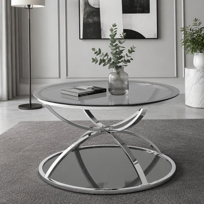 Table basse 31,50 "en verre moderne avec 2 niveaux, cadres en forme d'anneau, finition chromée et verre trempé gris, table basse ronde pour le salon, la chambre à coucher et le bureau, argent