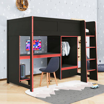 Lit mezzanine en bois avec bureau intégré, 1 tiroir, armoire et éclairage DEL