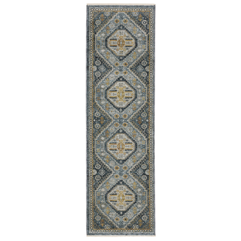Tapis bleu / doré Hovis Southwestern, Tapis de couloir 2 pi 3 po x 7 pi 6 po