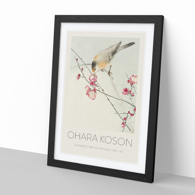 Songbird on a Blossom Branch - Picture Frame Painting, 48cm H x 36cm W x 2cm D, Black