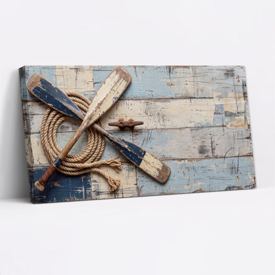 Crossed Wooden Oars and Rope on Distressed Blue Wood Canvas Wall Art