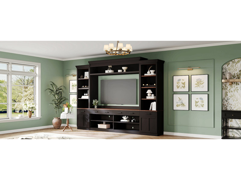 Farmhouse 4-Piece Entertainment Wall Unit Set With Bookshelf For Tvs Up To 70", Walnut TV Stand With Adjustable Shelves, Mid-Century Large Media Console With Wine Rack For Living Room