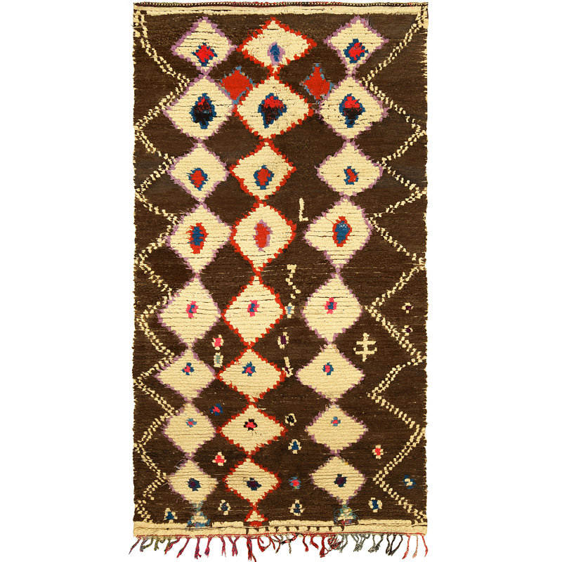 Tapis brun en laine fait à la main marocain rétro 4 pi 7 po x 8 pi 3 po Mid-20Th Century