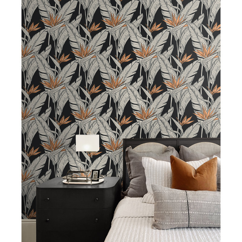 The Sojourn Floral Vinyl Peel & Stick Metallic Wallpaper Roll, Onyx/Metallic Copper