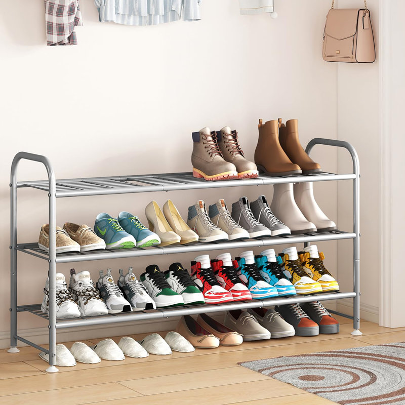 3 Tier Shoe Rack Made of Metal, Exquisitely Designed for Closets and Entryways, Grey