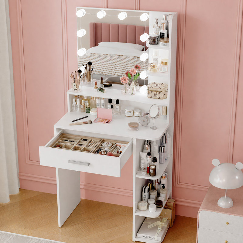 Manufactured Wood Makeup Vanity with LED Mirror and Storage Shelves, White