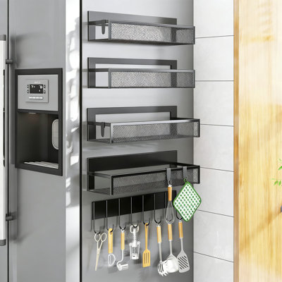 Magnetic Spice Rack For Refrigerator Side, 5-Pack Organizer With 8 Hooks, Strong Magnetic Shelves For Kitchen, Laundry & Office Storage