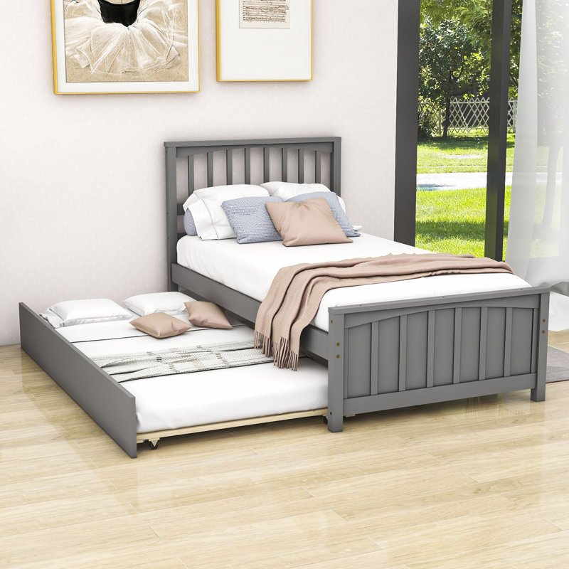 Mashonda Twin Size Wooden Platform Bed with Trundle, Gray