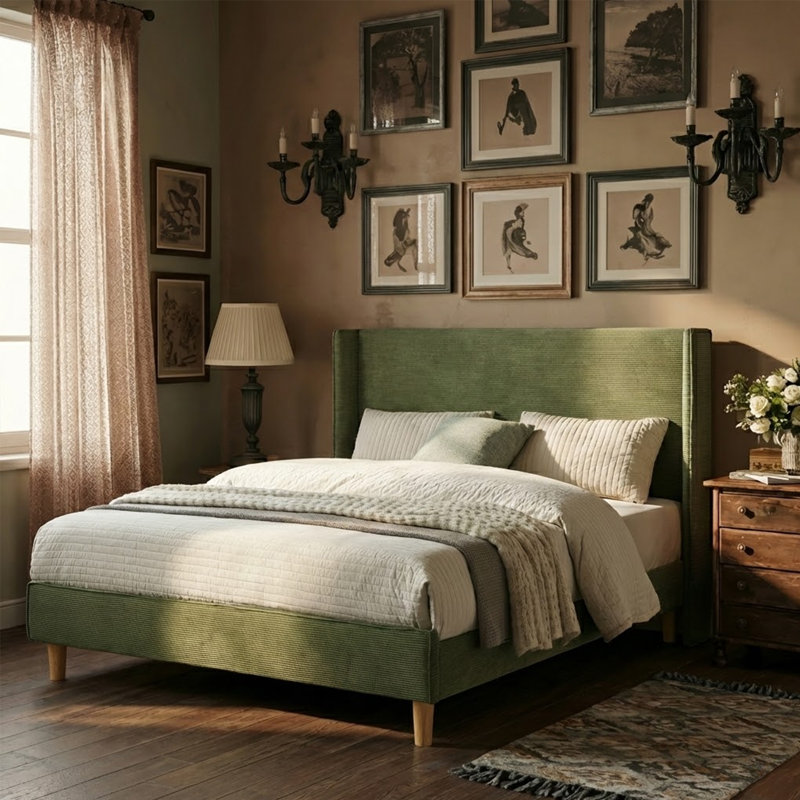 Janine Corduroy Upholstered Wingback Bed with Slat Kit and Solid and Manufactured Wood Frame , Turtle, Queen