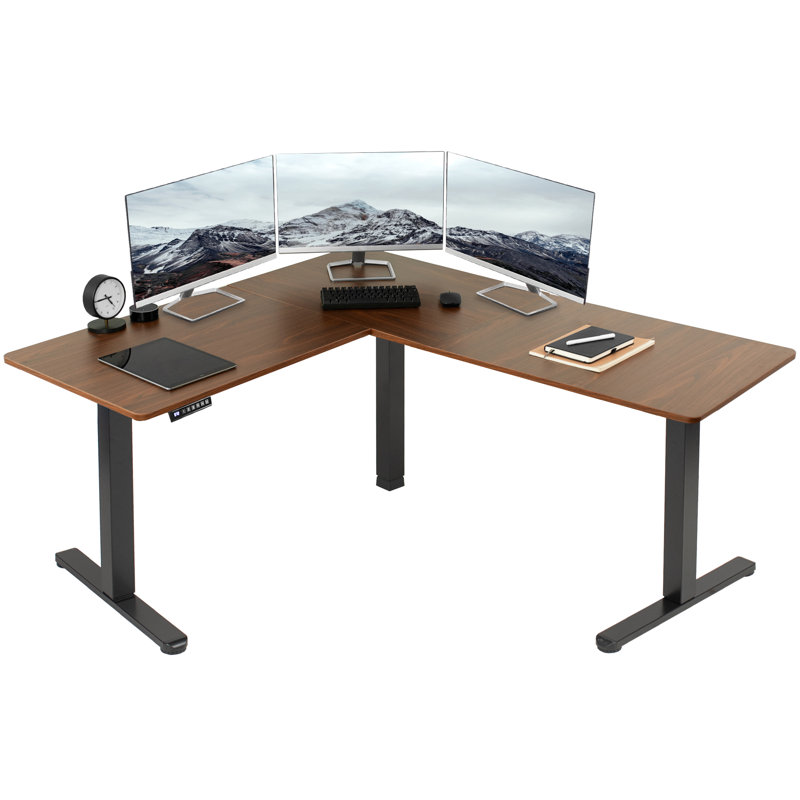Dark Walnut and Black L-Shaped Adjustable Standing Desk with Keyboard Tray